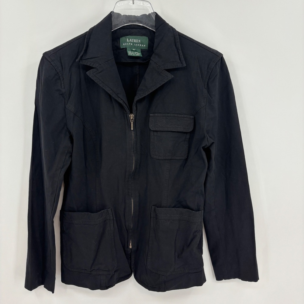 Lauren Ralph Lauren Utility Jacket Women 6 Black Zip Up Pockets Cotton Blend